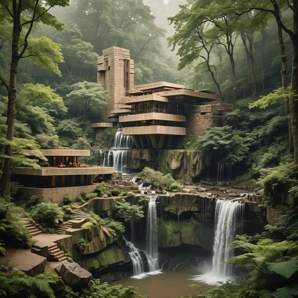 Organic Architecture by Waterfalls in Art Deco Style