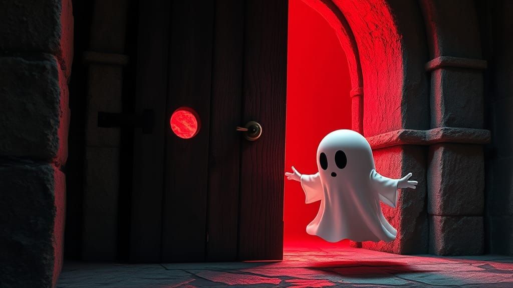 Eerie Castle Scene with Translucent Ghost