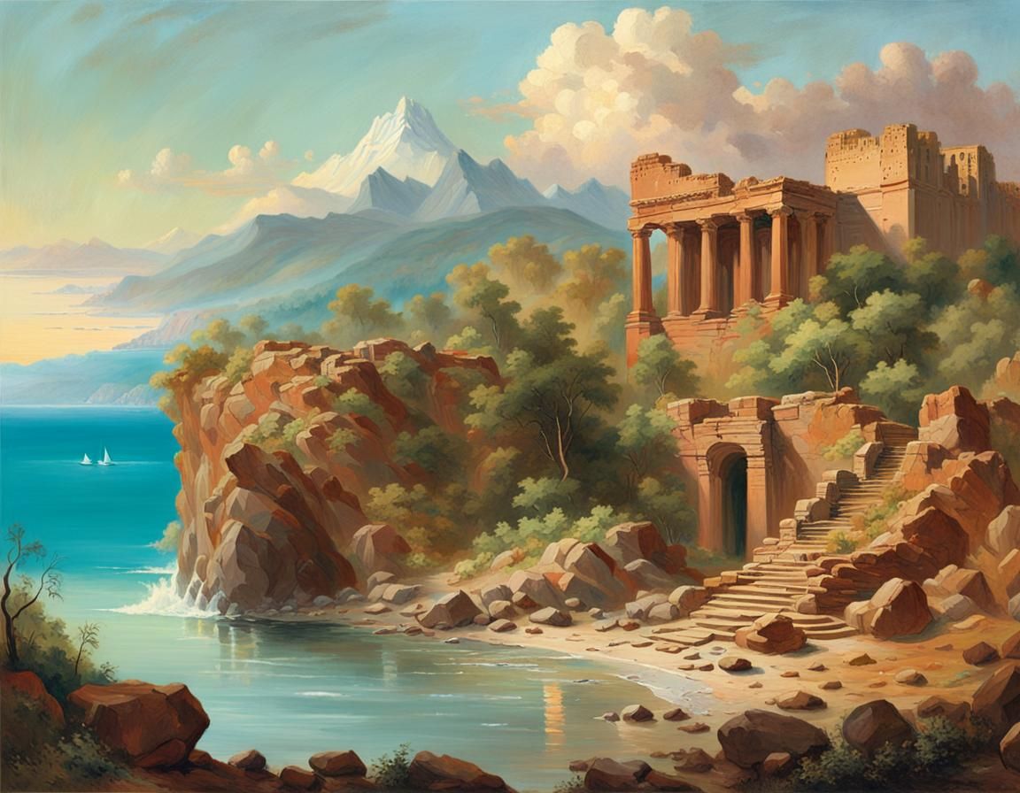 Mediterranean Ruins in Romantic Watercolor Style