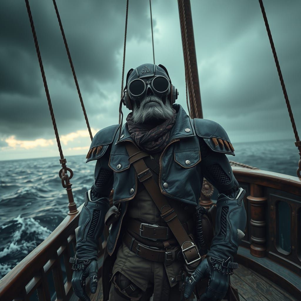 Robot Pirate on Ship in Storm, Cinematic 4K