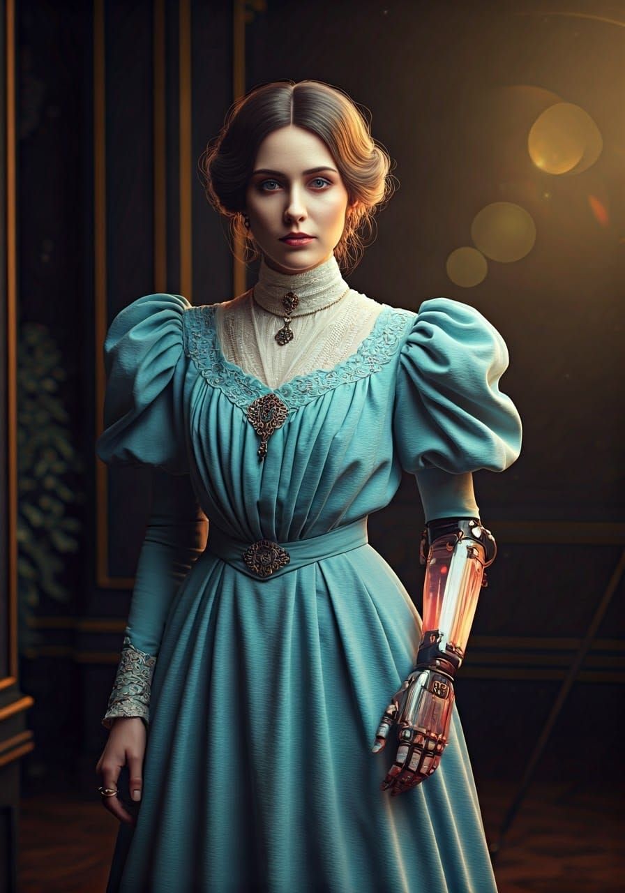 Cybernetic Edwardian Woman in Vaporwave Style