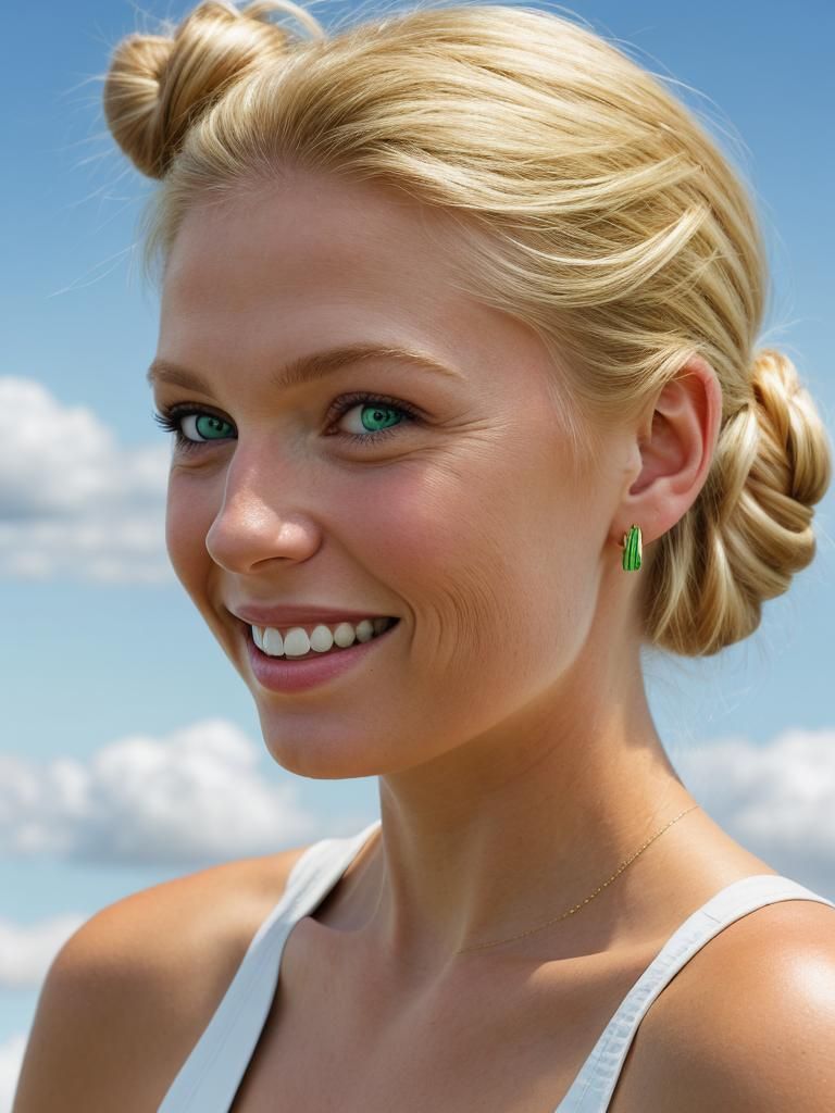 Smiling Blonde Woman Portrait with Airplane