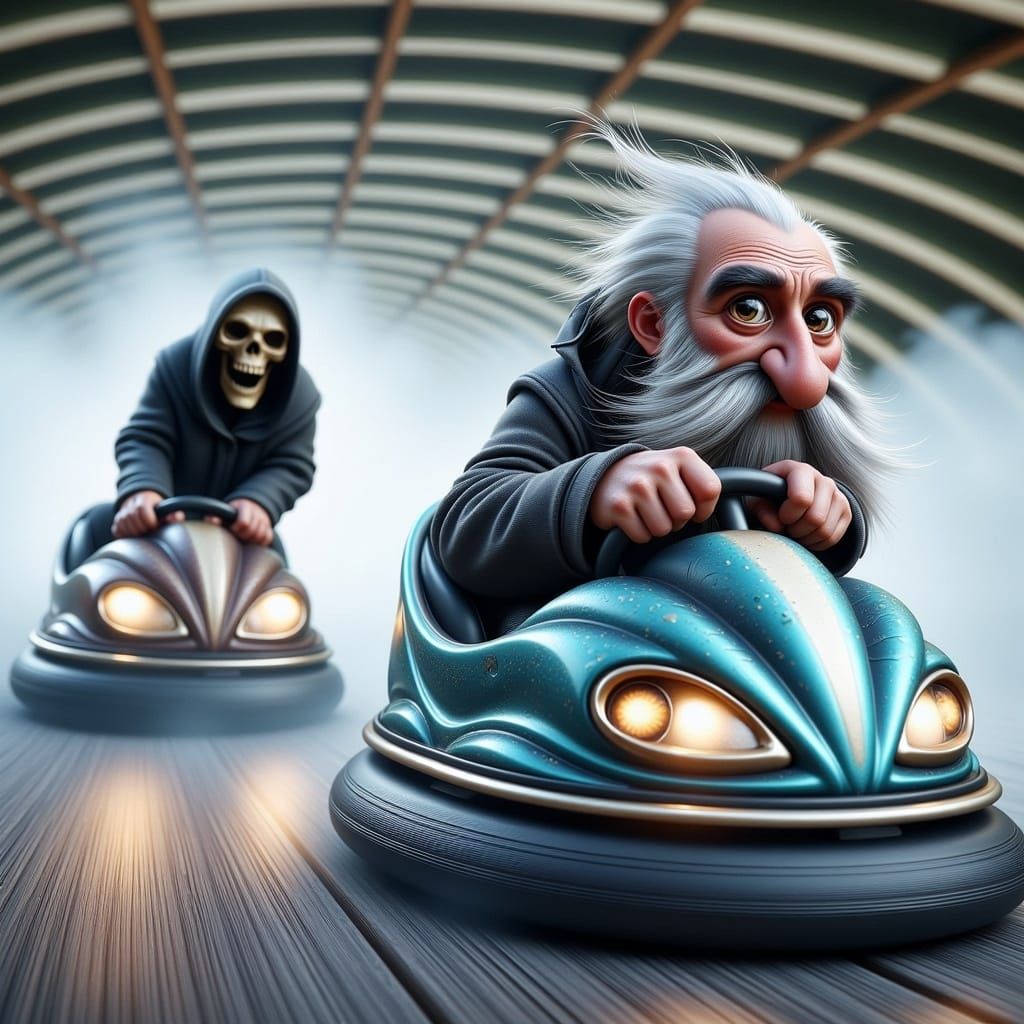 Bumper Car Chase Through Fog: Hyperrealistic Action Scene