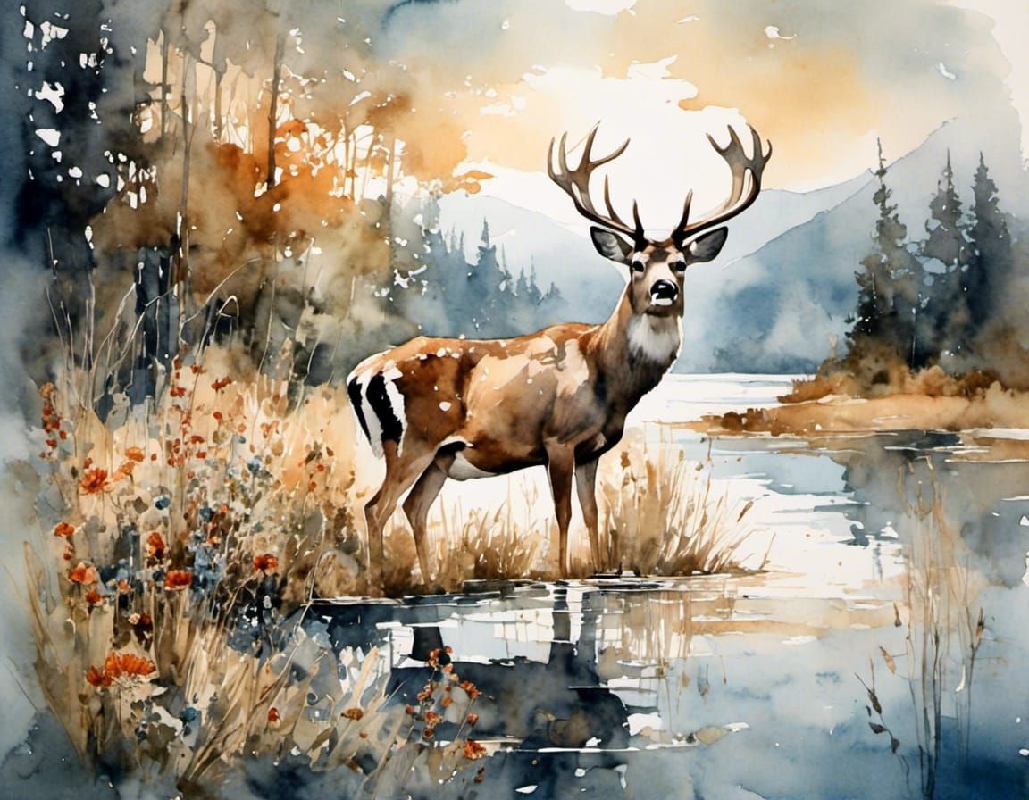 Watercolor Deer Drinking at Wildflower Lake
