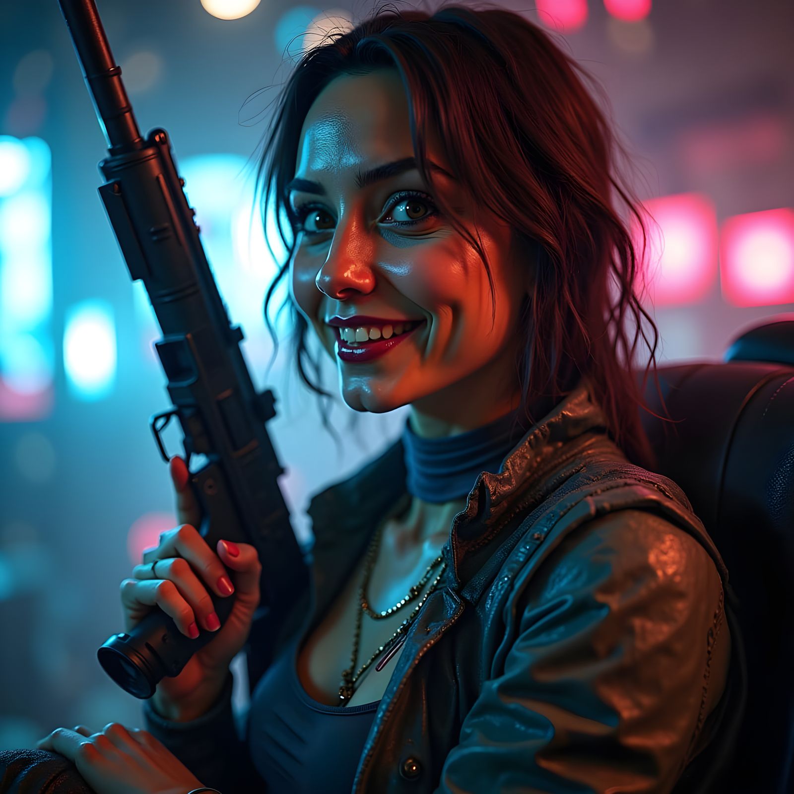 Cyberpunk Woman with Weapon in Spaceship