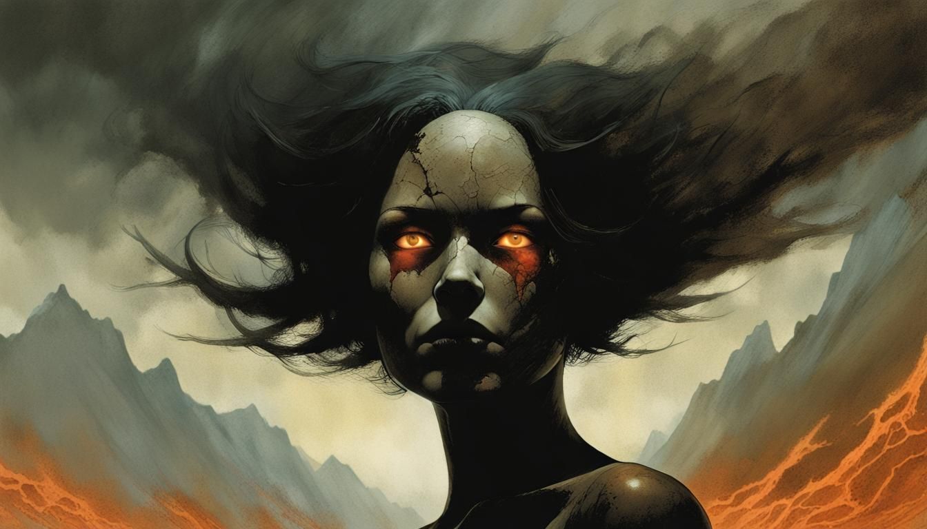 Dark Titan Portrait with Magma Face in Dark Fantasy Style