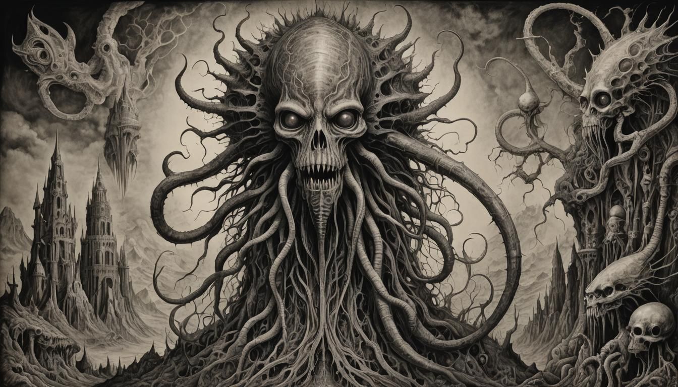 Emrakul in Cyberspace: Surreal Sepia Fantasy Drawing