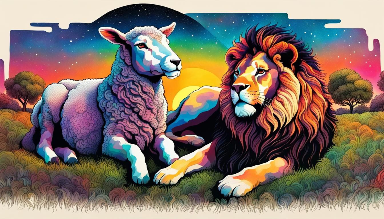 Lion and Lamb Resting in Colorful Meadow