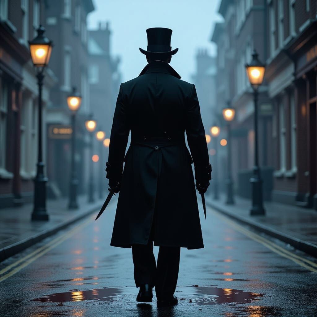 Victorian Man with Knife in Foggy Street