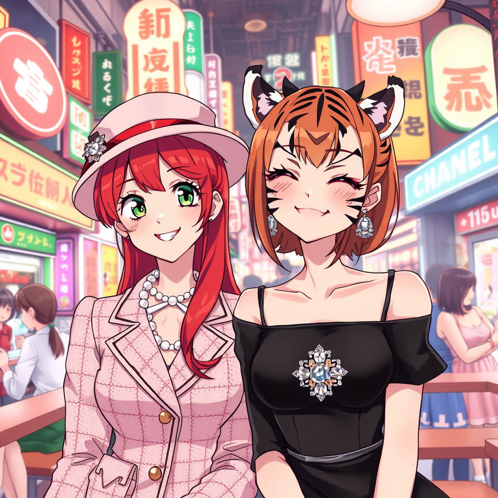 Anime Women Enjoying Shibuya Restaurant's Vibrant Atmosphere