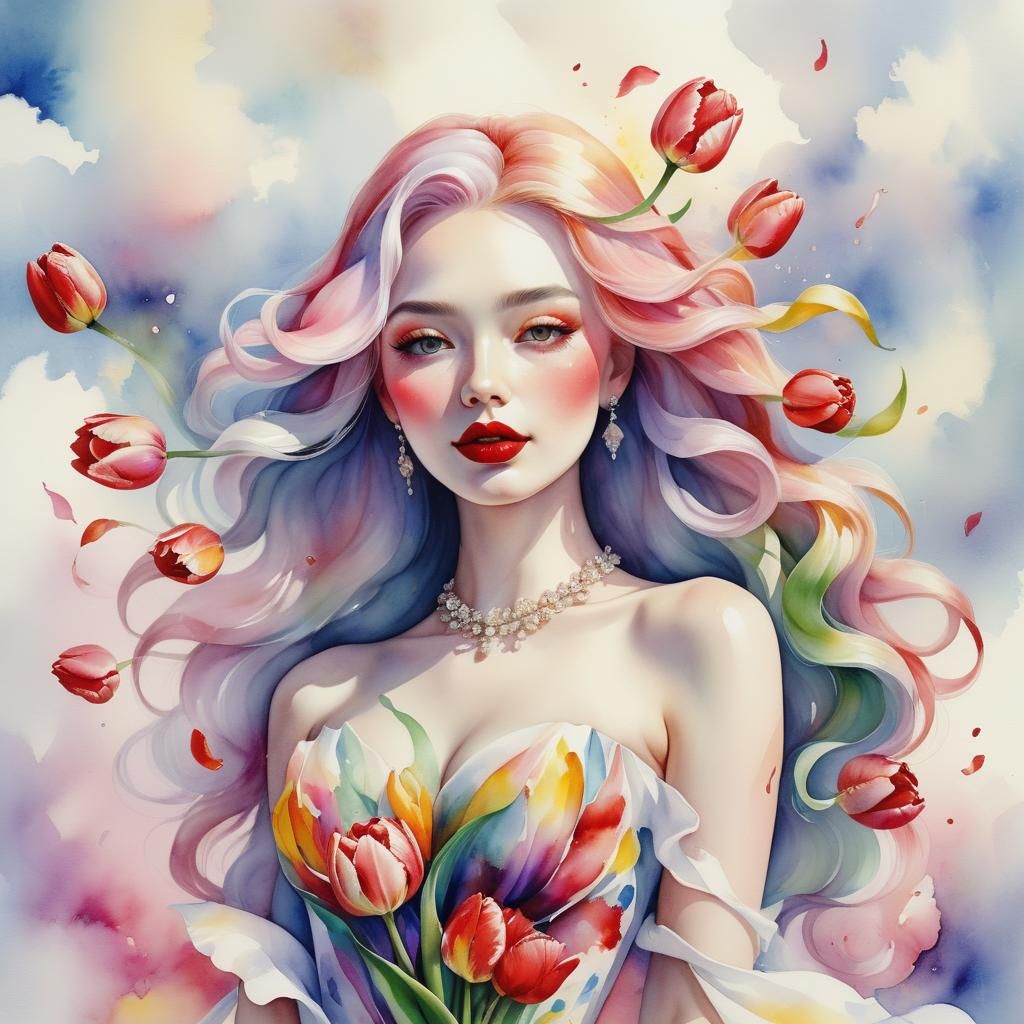 Girl with Tulip Hair in Watercolor Style