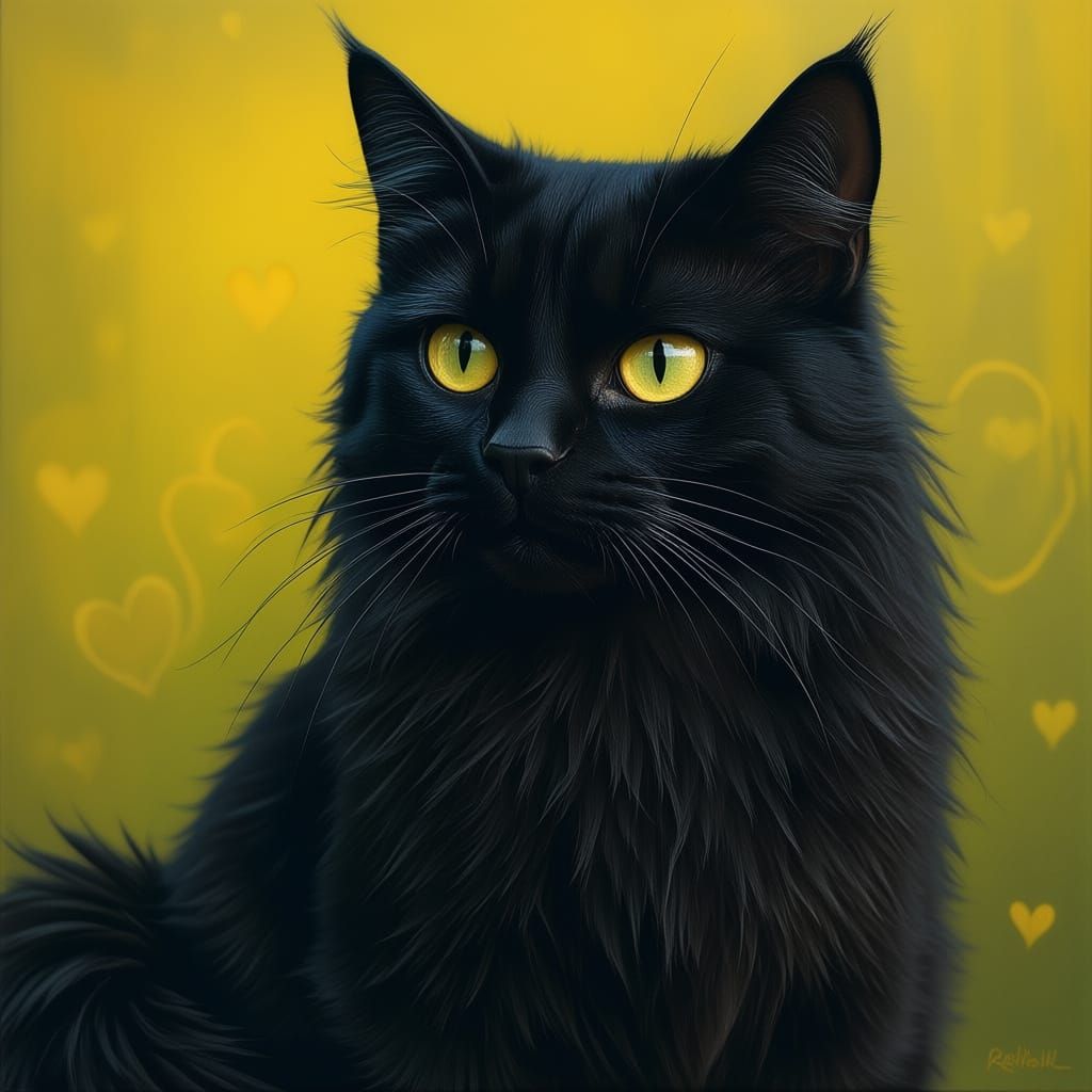 Elegant Black Cat in Abstract Surreal Oil Painting