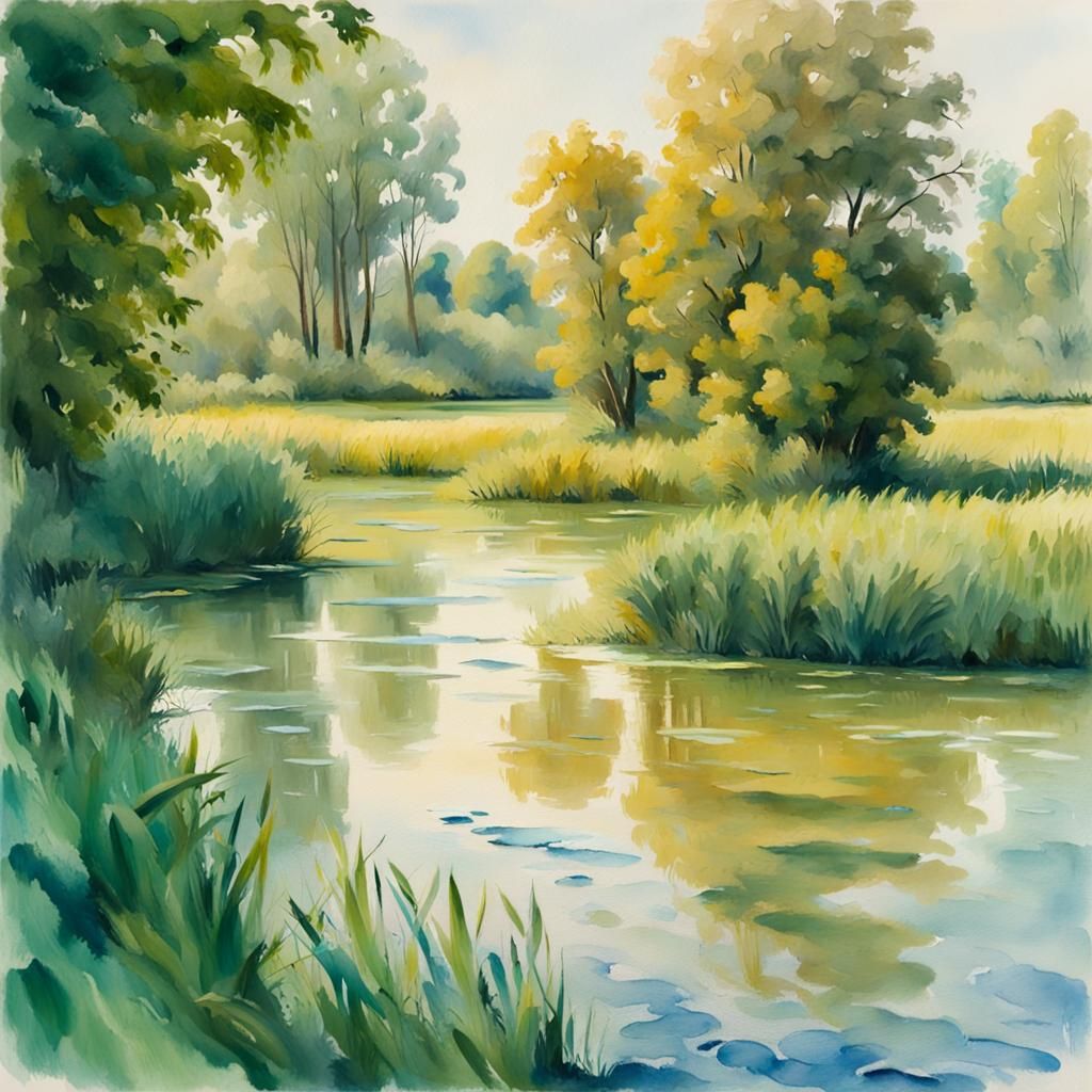 Flooded Water Meadow in Gouache Style