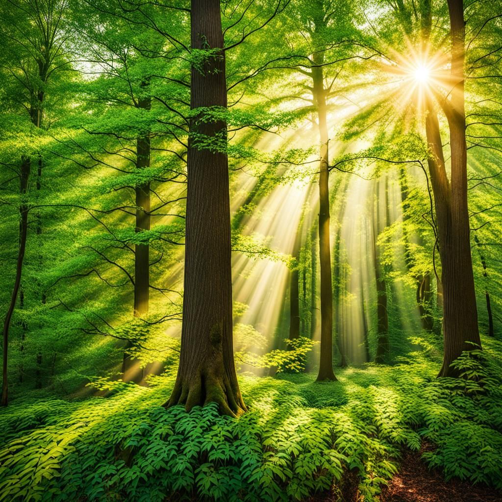 Sunbeams Through Lush Green Forest Canopy