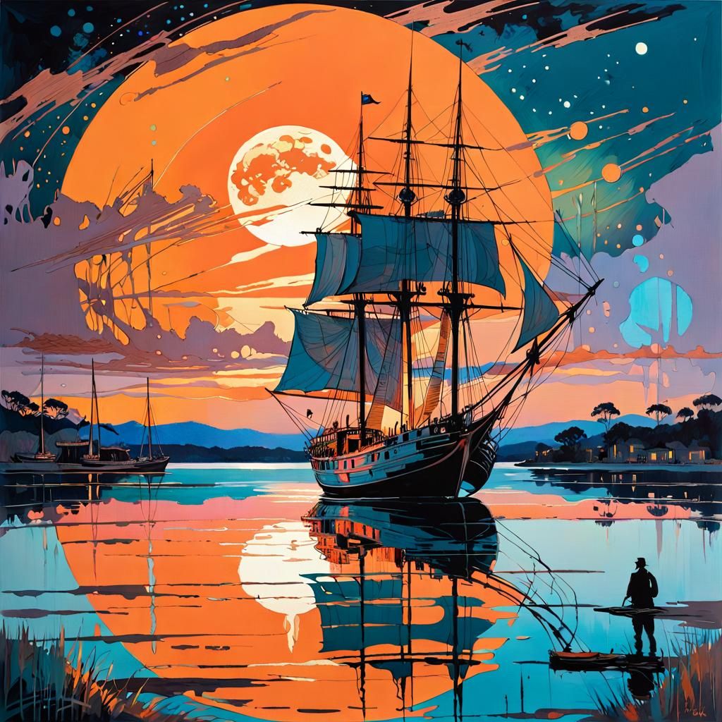Fantasy Landscape with Orange Moon and Silhouetted Ship