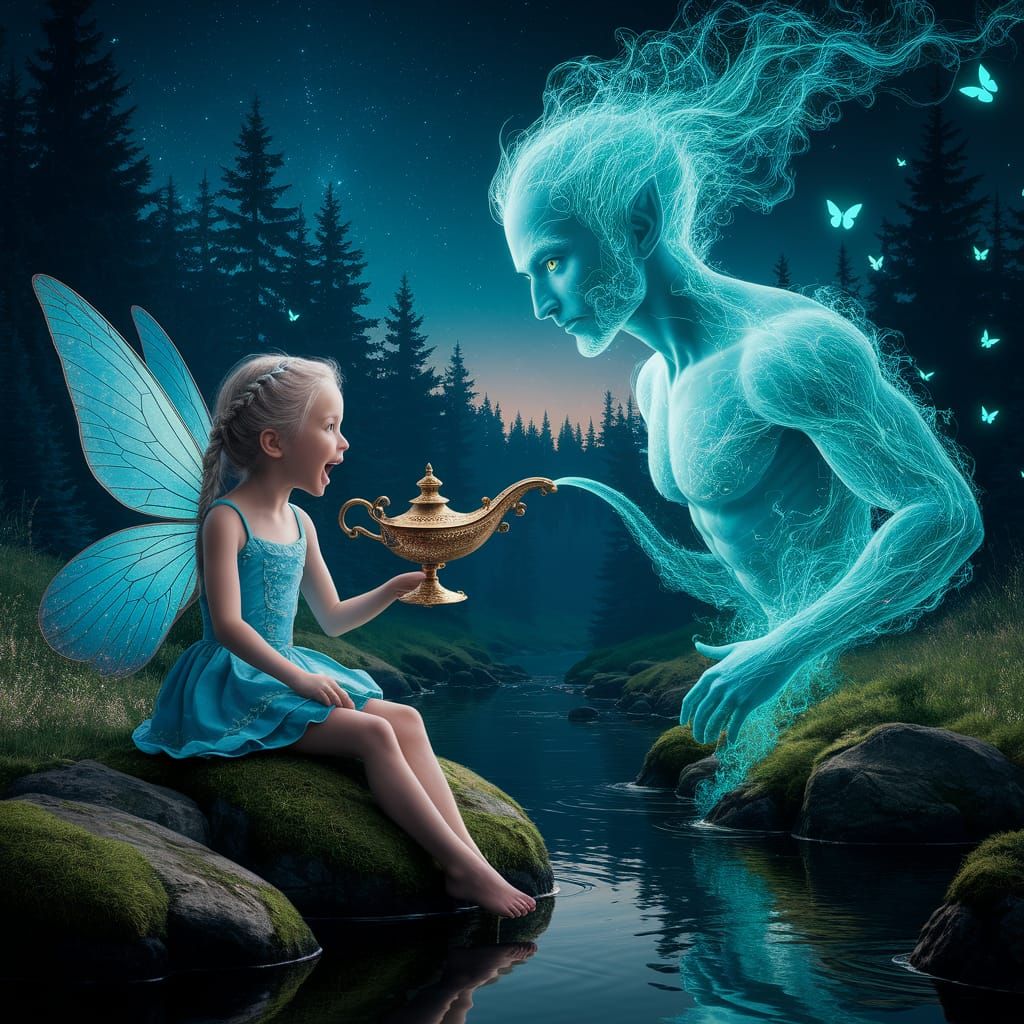 Fairy, Genie, and Starry Forest Landscape