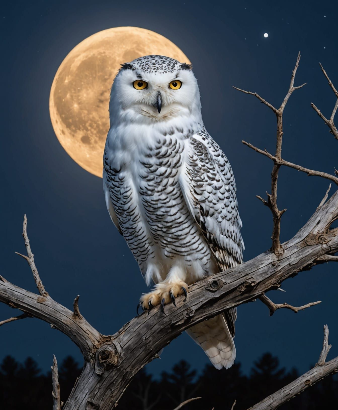 Majestic Snowy Owl at Night in Ethereal Moonlight