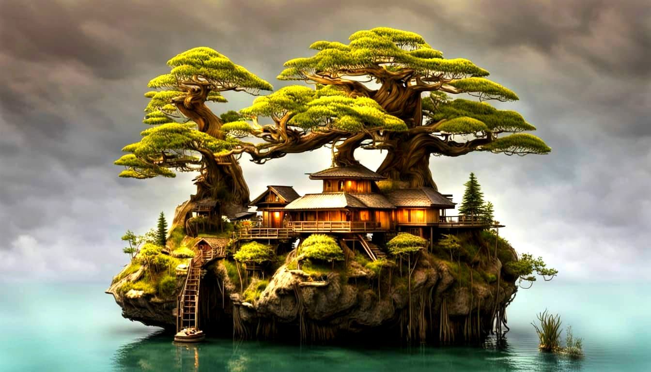 Floating Island Village in a Serene Woodroffe Landscape