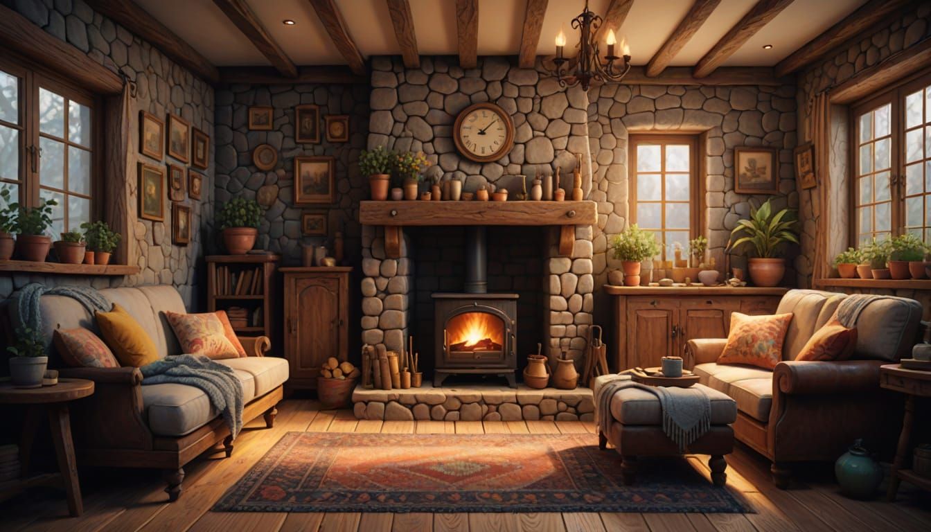 Cozy Fantasy Cottage Hearth in Whimsical Warmth