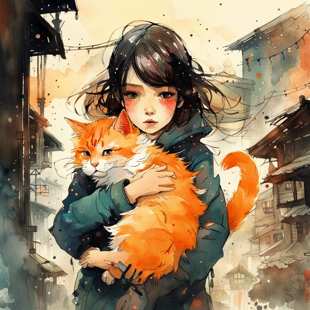 Girl and Cat Watercolor Art, Fantasy Concept