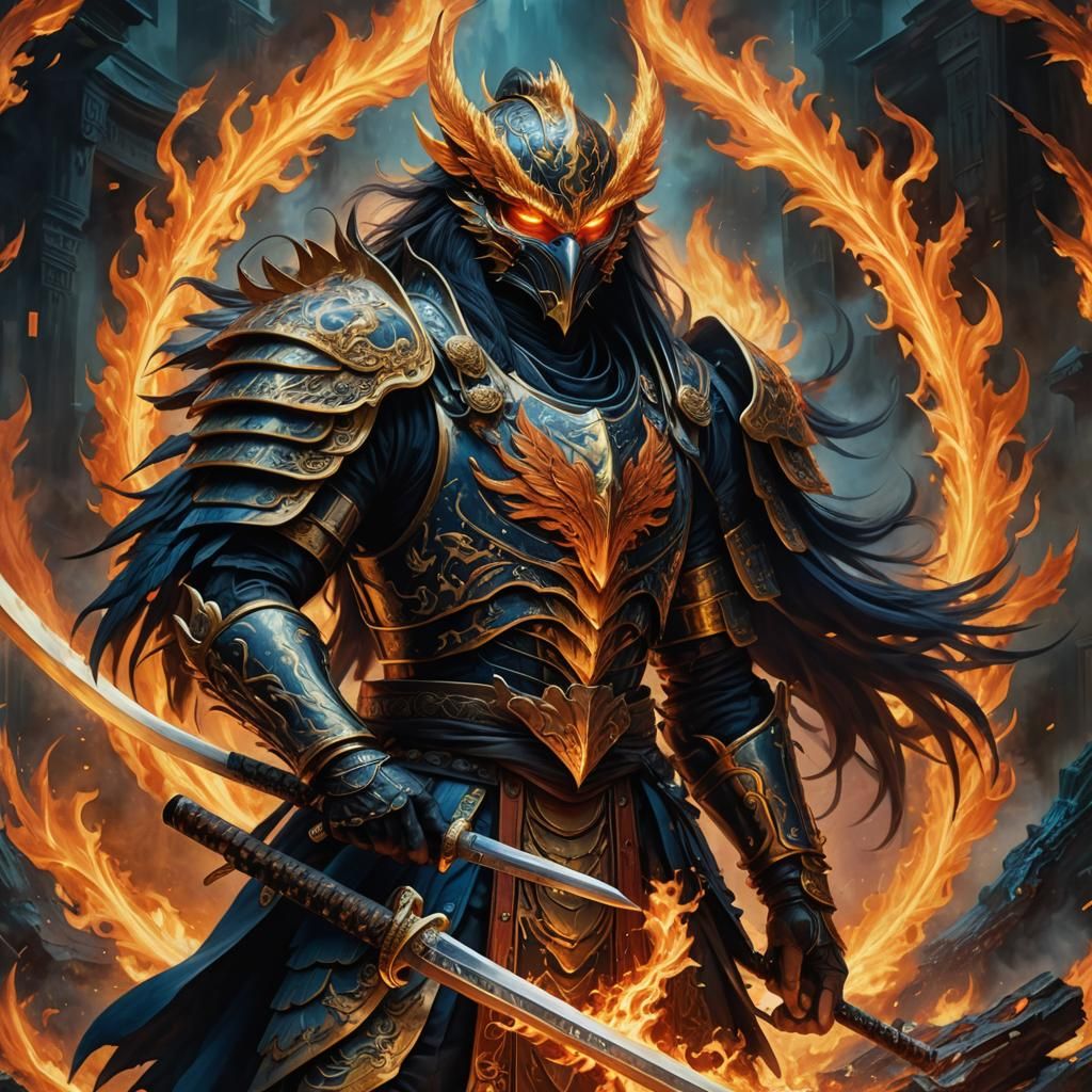 Phoenix Samurai in Flames: A Matte Oil Painting