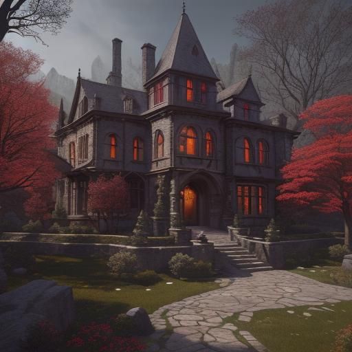 Dark Stone Manor with Red Trees, Digital Art