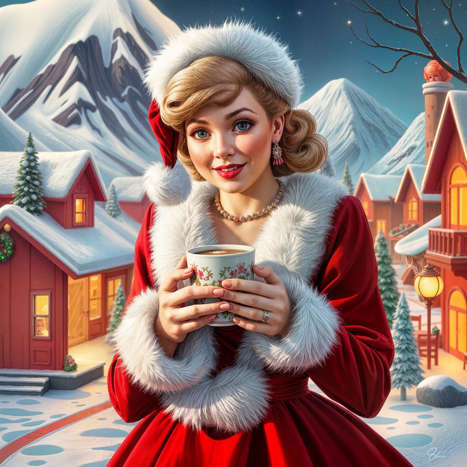 Vivacious 1950s Mrs. Claus Enjoys a Cozy Moment