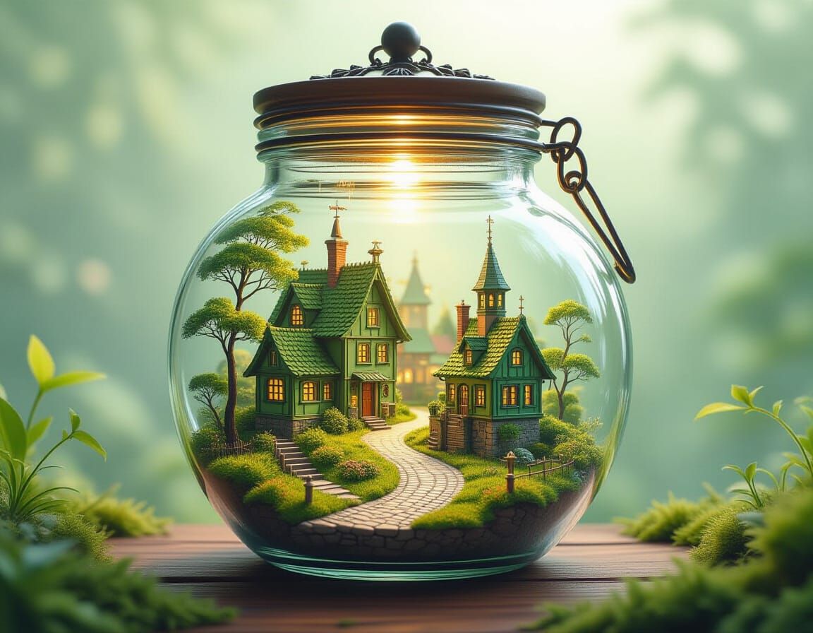Miniature Green Village Inside Glass Jar