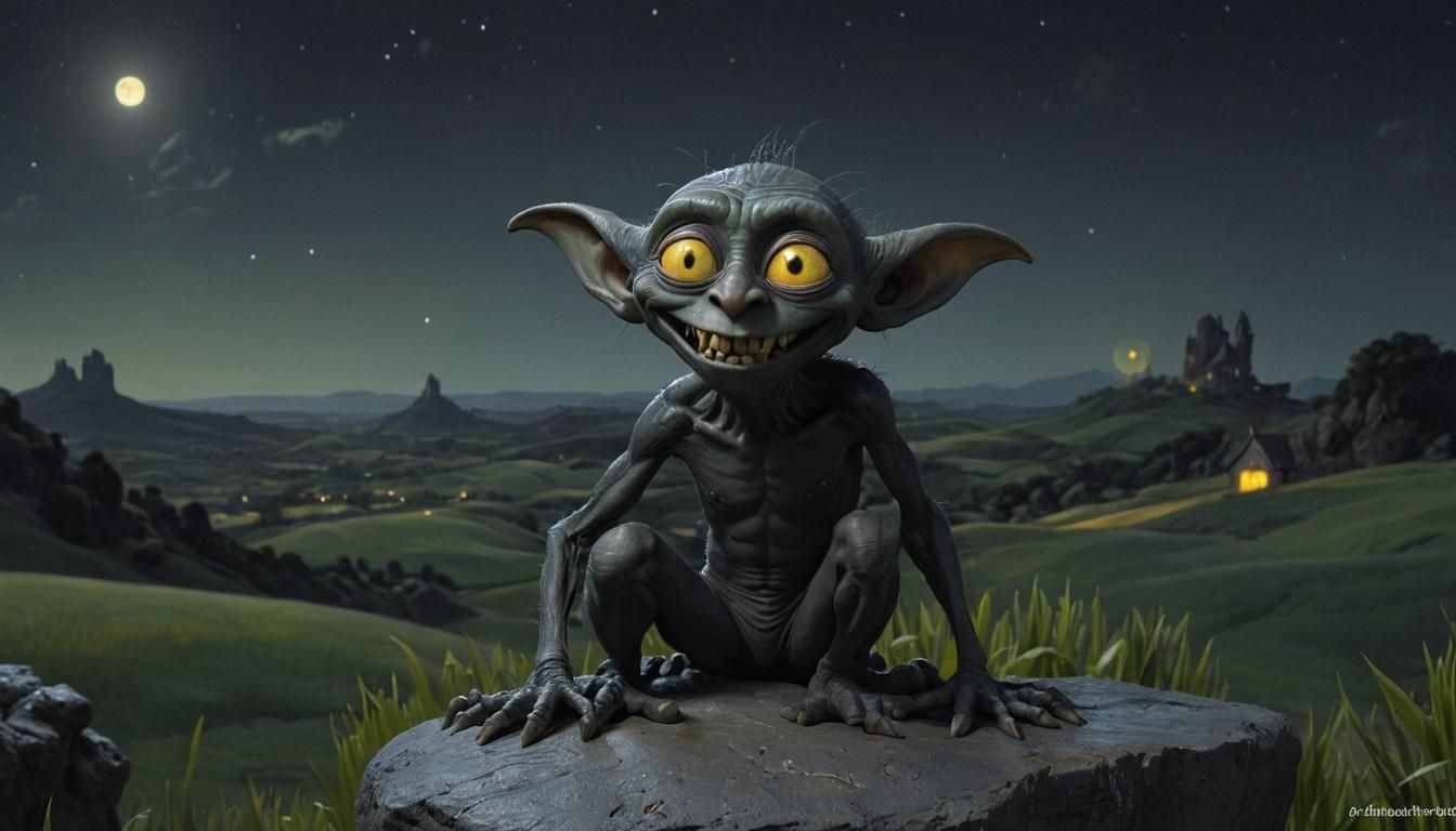 A Small Spooky Goblin Basks in Moonlit Mist