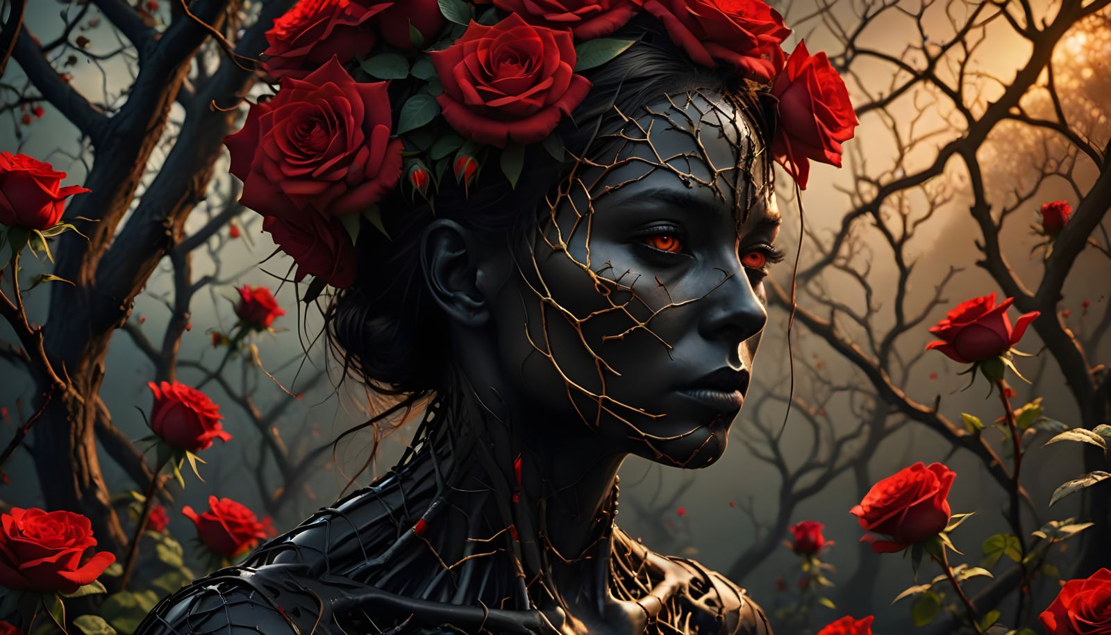 Surreal Portrait of a Face in Golden Light and Dark Shadows