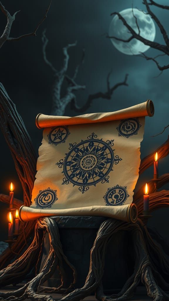 Dark Mysticism Scroll in a Twisted, Gnarled Landscape