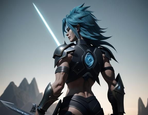 Broly as female blue hair barbarian in all black clothes. An...