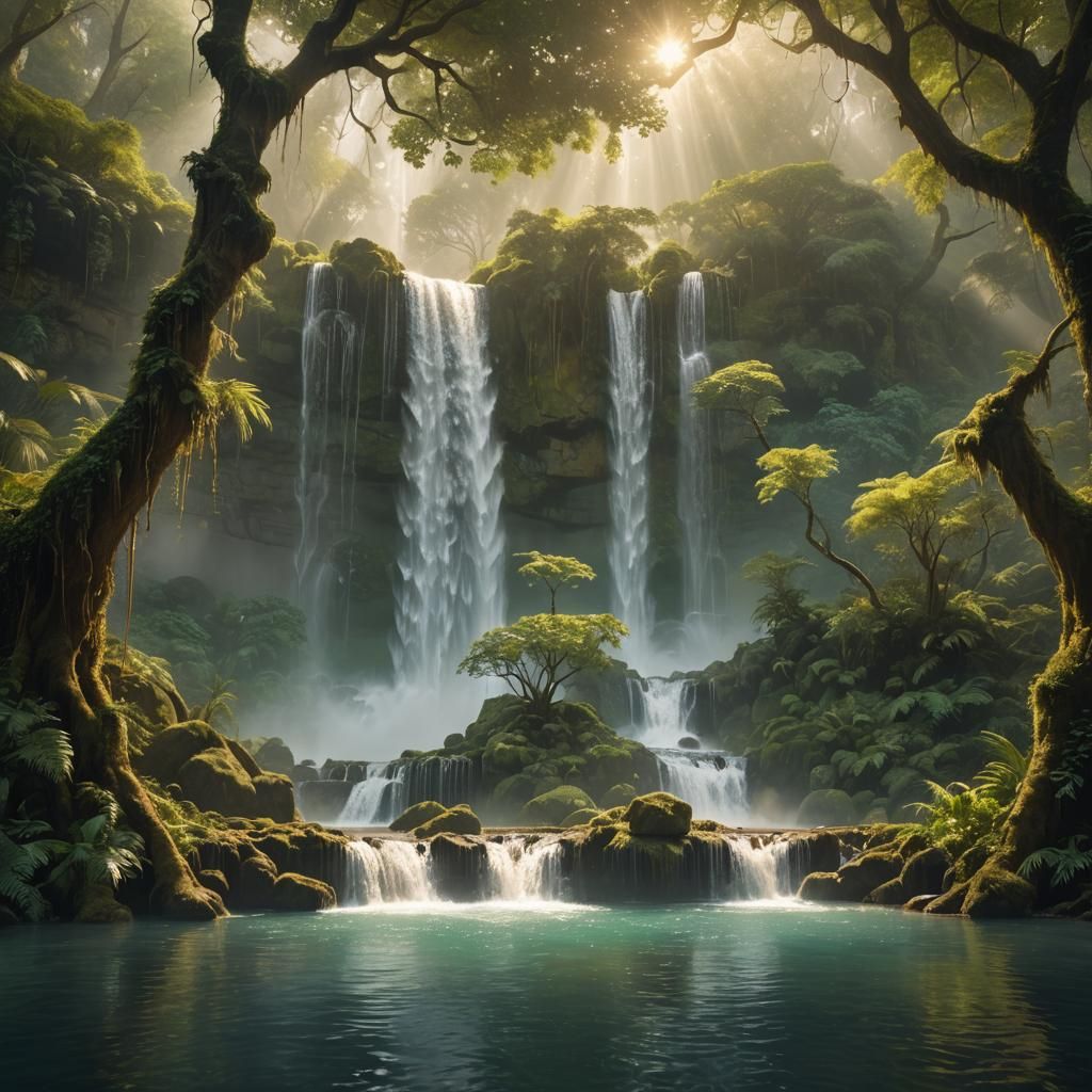 Majestic Waterfall in Lush Fantasy Landscape