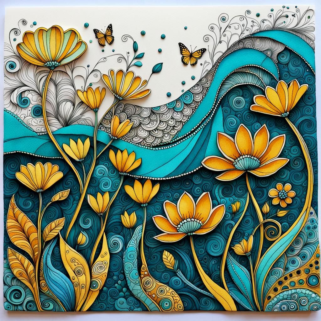 Intricate Floral Zentangle in Soft Turquoise and Yellow