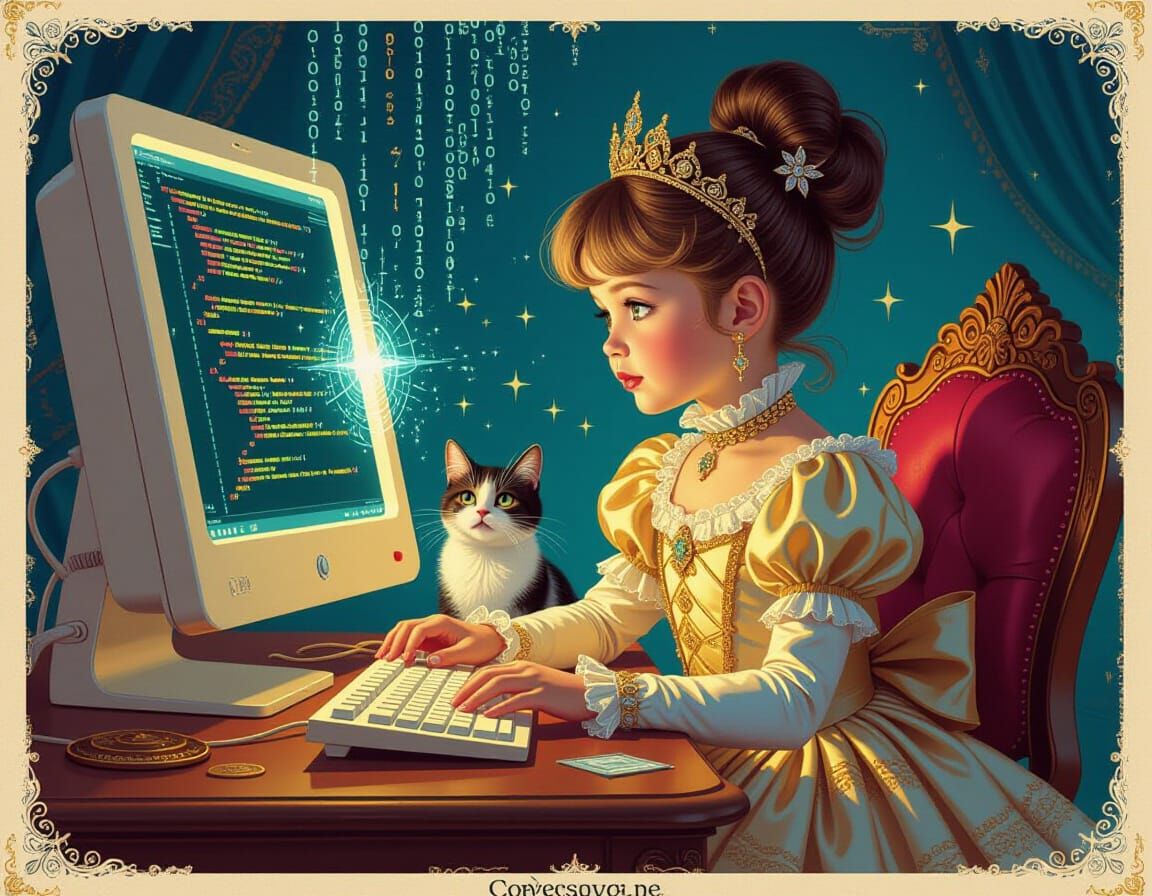 Girl Codes on Glowing Computer With Magical Pet