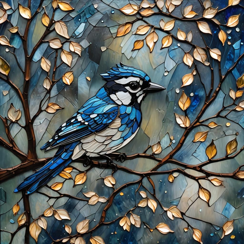 Blue Jay Stained Glass Impasto Painting