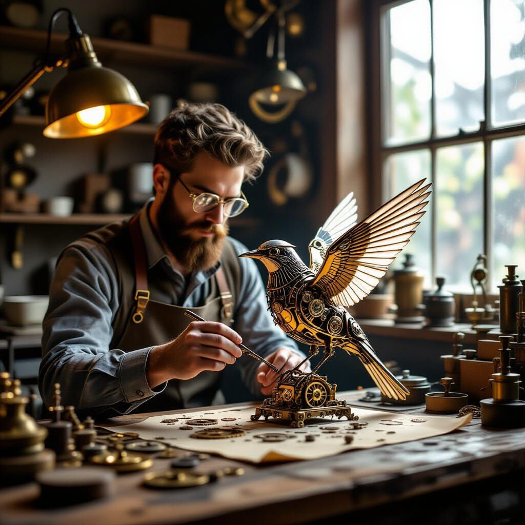 Steampunk Artisan Crafts Mechanical Bird in Detailed Worksho...