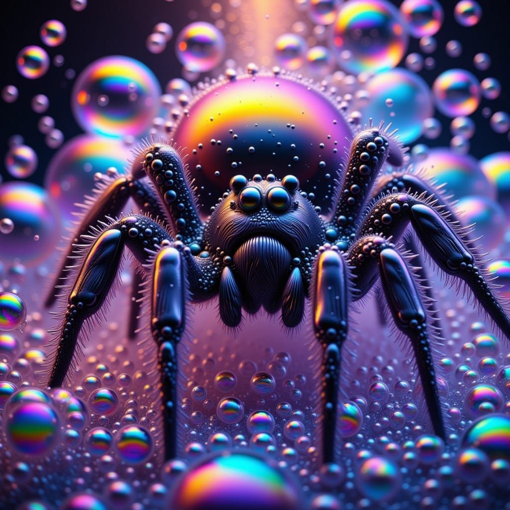 Surreal Spider in a Dreamlike Realm of Iridescent Bubbles