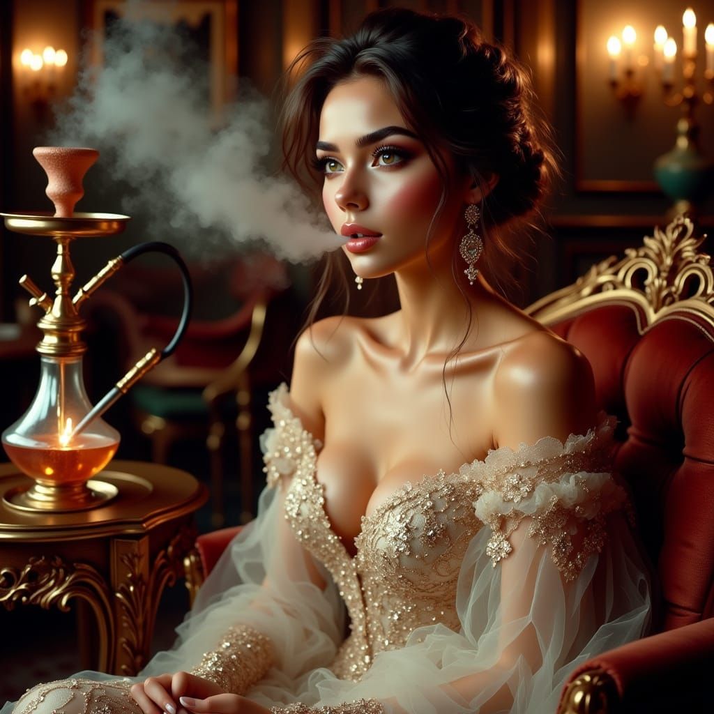 Woman in Golden Gown Smoking Hookah, Digital Illustration