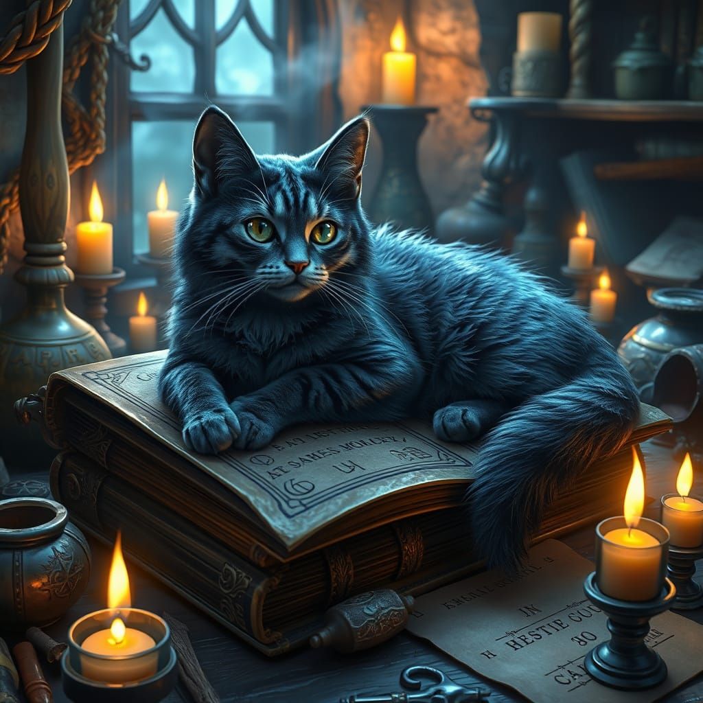 Mystical Cat in Wizard's Study, 3D Render