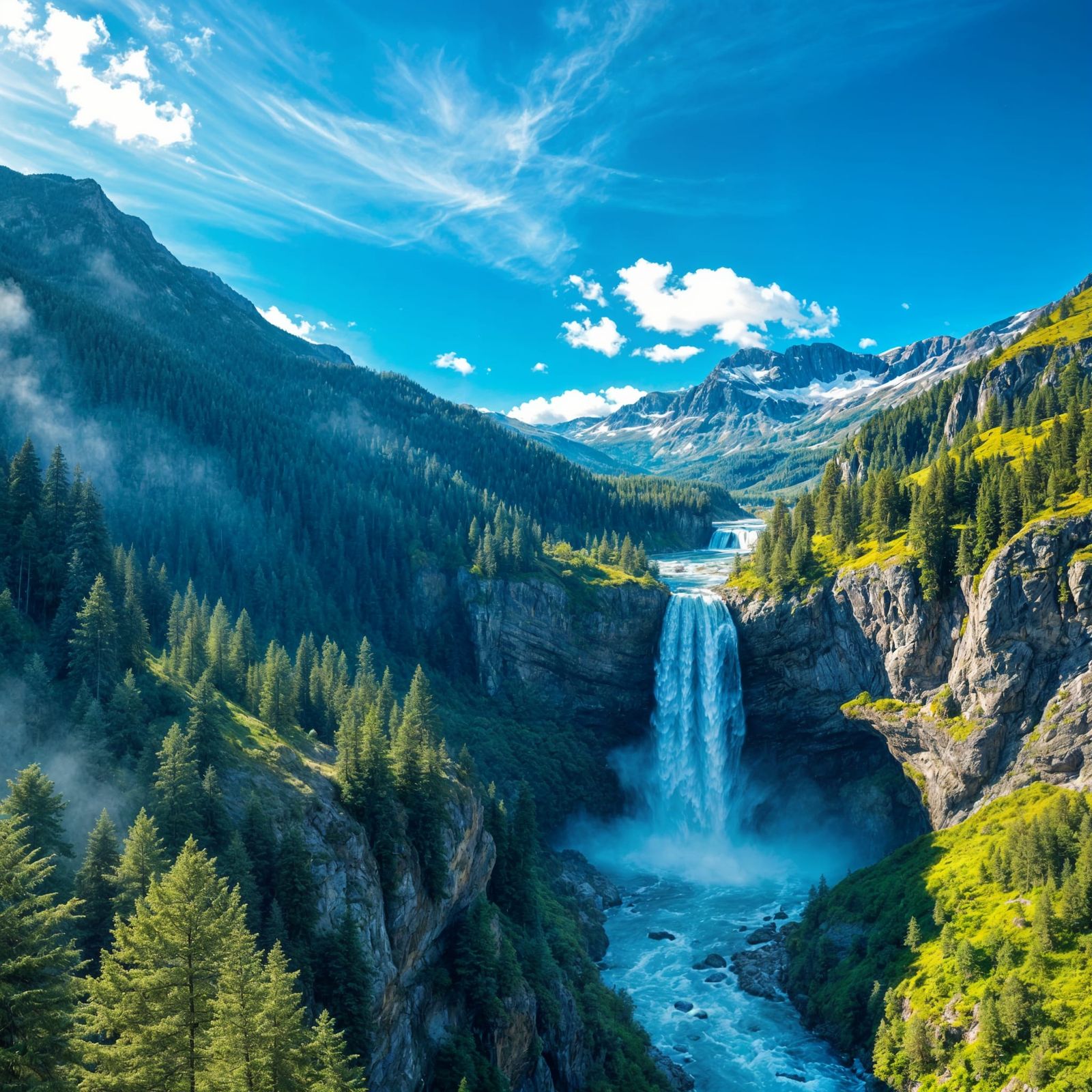 Magnificent Mountain Waterfall Painting: Alpine Landscape