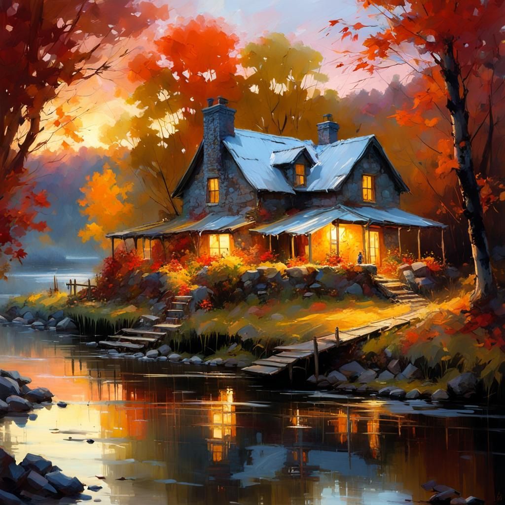 Maple Cottage at Sunset: Detailed Matte Painting