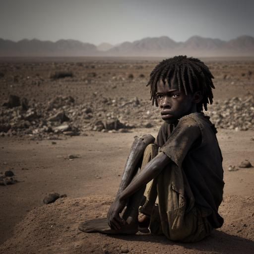 African Boy in Desolate Landscape: Photorealistic Digital Ar...