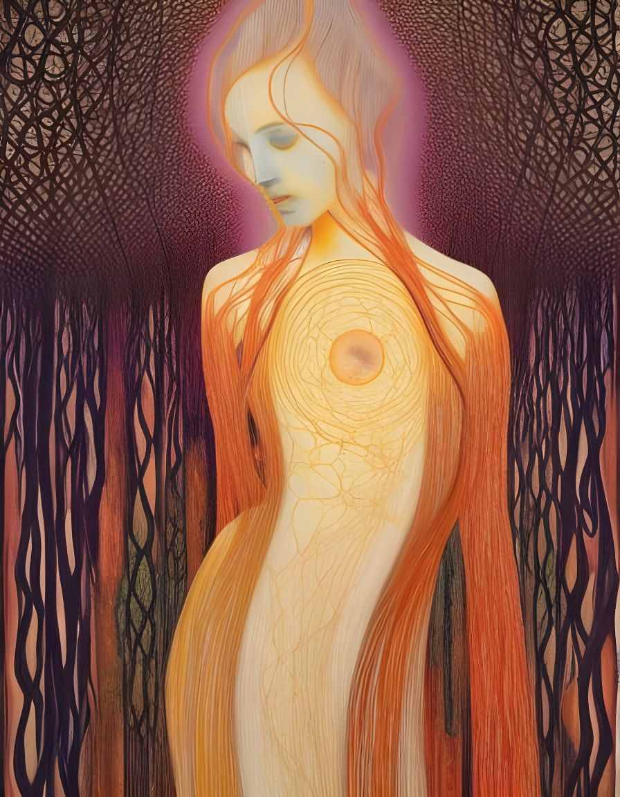 Surreal Hybrid Woman in Glass Forest, Oil on Ceramic
