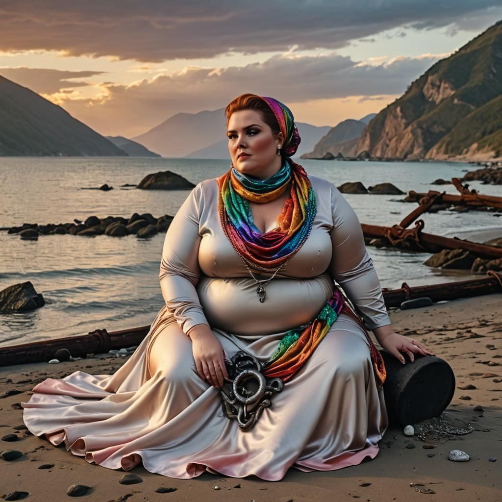 Glamorous Big Beautiful Woman BBW Woman sitting on a rusty a...