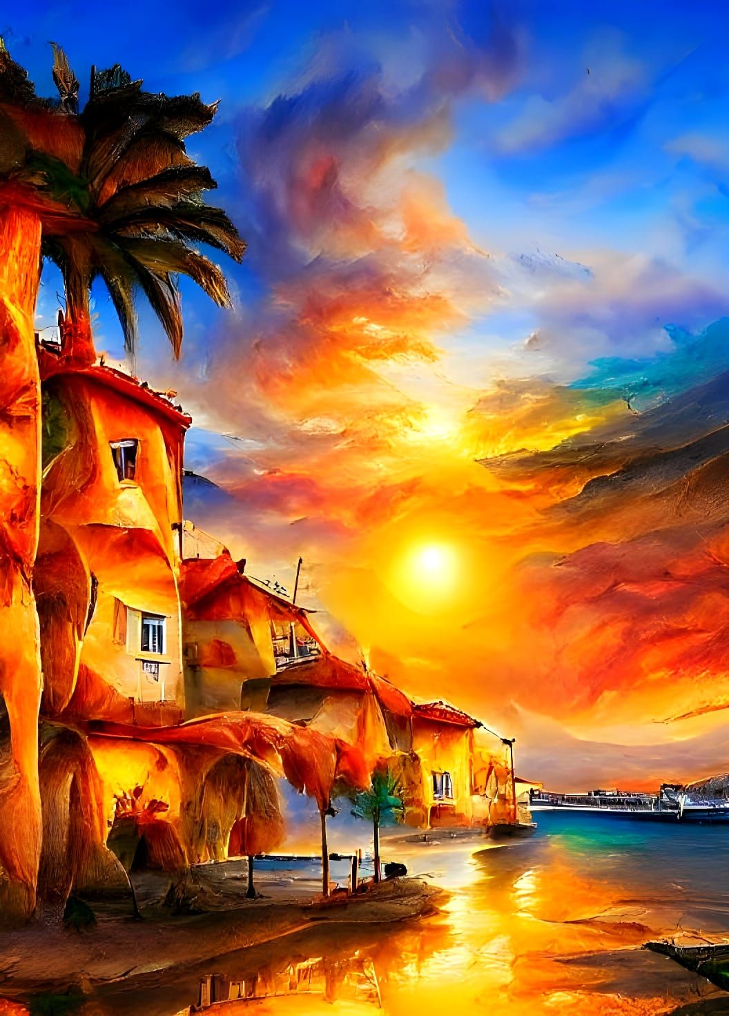 Mediterranean Village Sunset: Watercolor Art