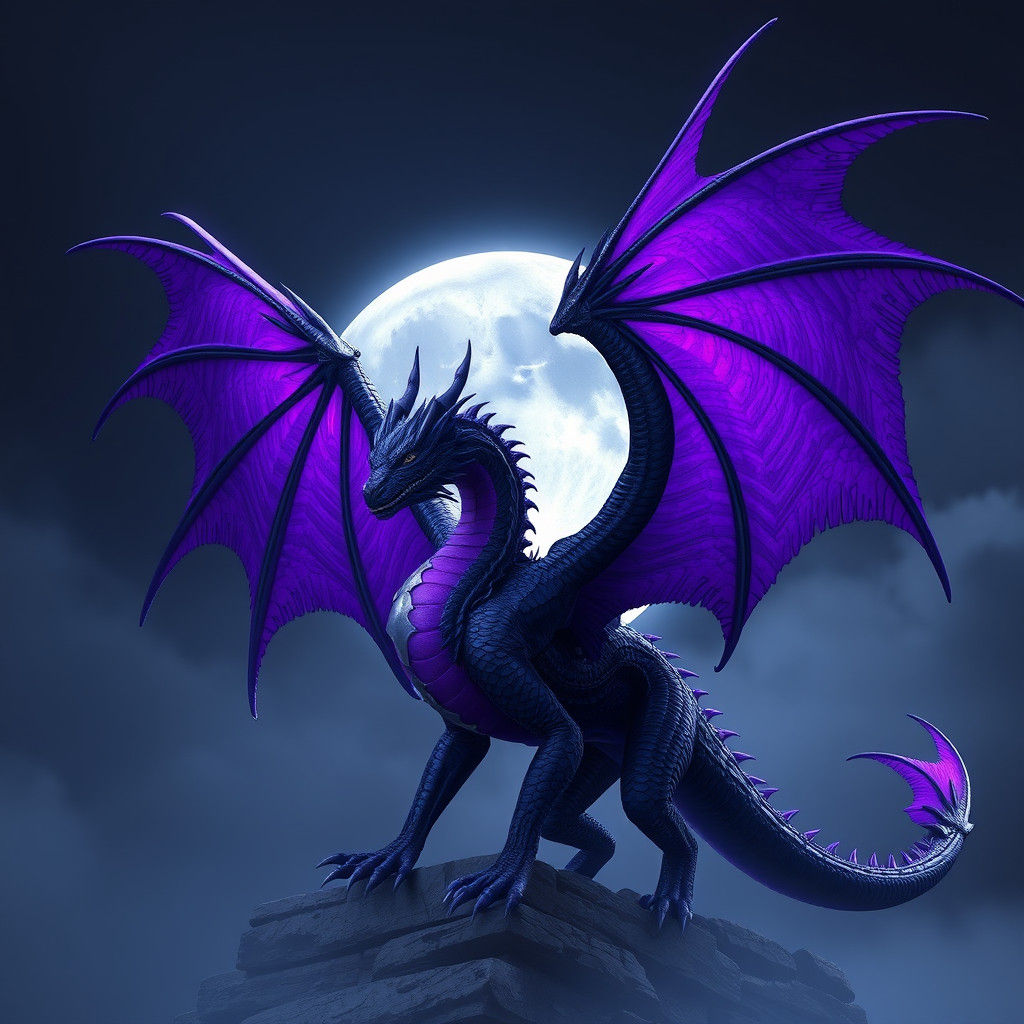 Dark Purple Dragon Against the Moon in 3D Anime Art