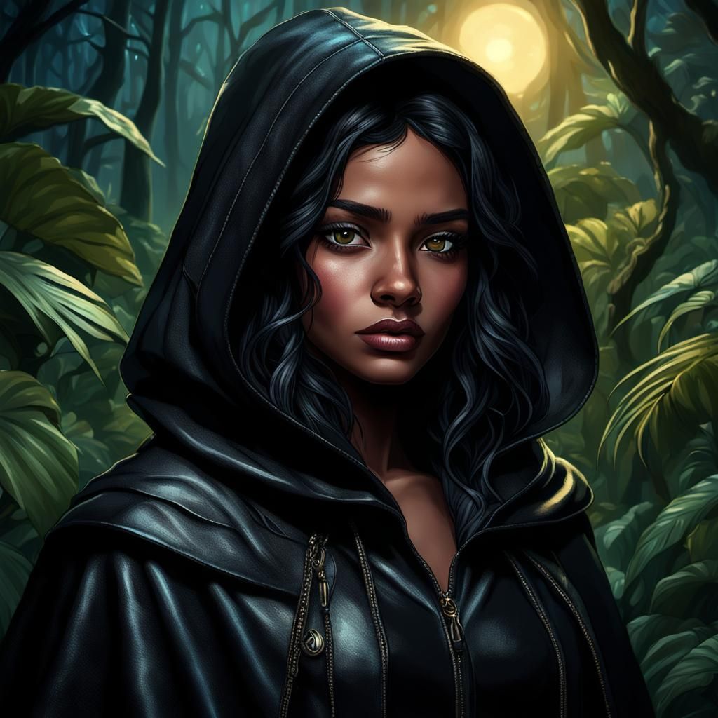 Girl in Black Cloak in Jungle, Disney Style