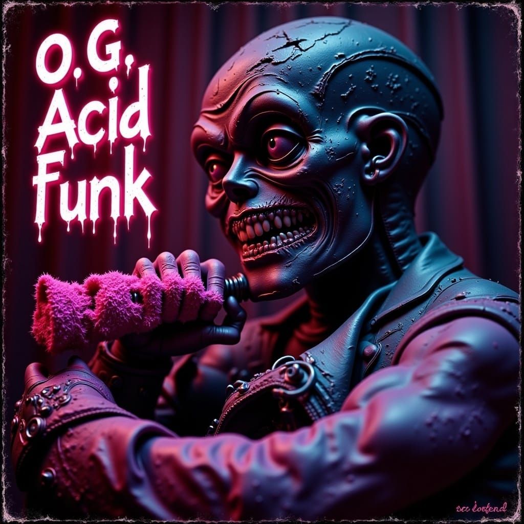 Dark, Acid-Fueled Album Cover Art in Neon-Lit Style
