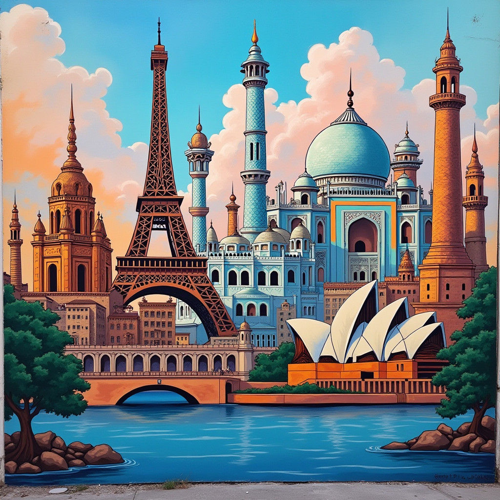 Architectural Landmarks Mural in Street Art Style